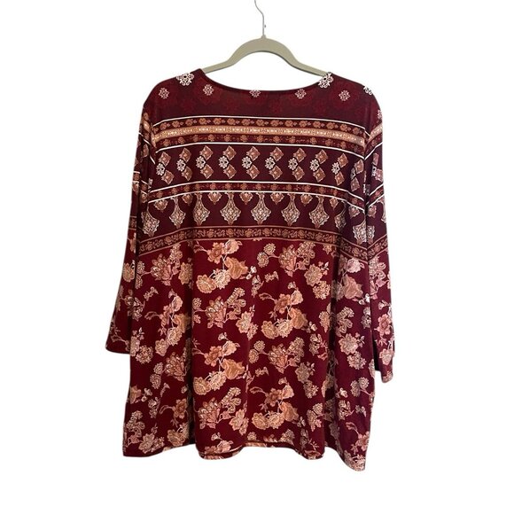 Signature Studio Burgundy Top Floral Velvet Trim 3/4 Sleeve Boho Peasant Size 2X - Picture 3 of 9